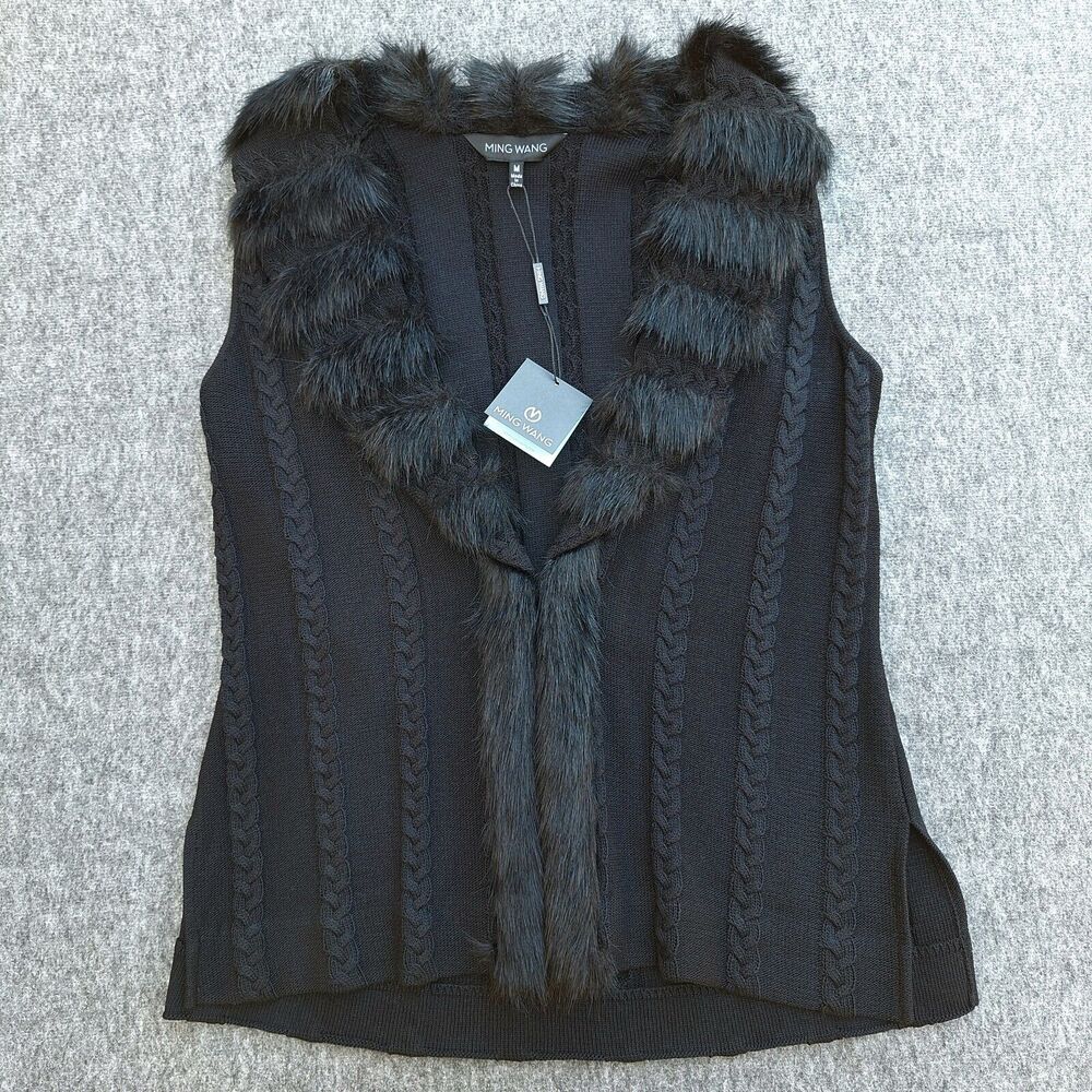 Ming Wang Cable Knit Black Vest Faux Fur Collar Trim (Medium) Mobwife Gothic NOS